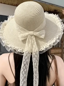 Mũ rơm thắt nơ ren cho nữ, mũ rộng vành che nắng đa năng thích hợp cho kỳ nghỉ biển. - nhiều màu - Xem 7