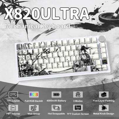 ATTACK SHARK Teclado mecánico inalámbrico para juegos X820 Super 75%, con montaje de junta de goma, retroiluminación RGB, Bluetooth/2.4G/con cable, personalizable con pantalla TFT inteligente y perilla, impulsado por QMK, edición de regalo de bambú