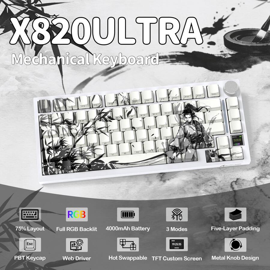 X820 Super 75% 无线机械游戏键盘，热插拔式垫片安装 RGB 背光，支持蓝牙/2.4G/有线连接，可自定义键盘，配备智能 TFT 显示屏和旋钮，QMK 驱动，竹制礼盒版 - 查看 1