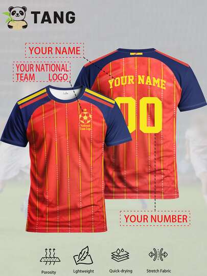 Custom Spain 25/26 Home Jersey, Personalized With Name & Number, Comfortable Round Neck Sports Shirt, Soft & Lightweight Football Tee, Suitable For Football Training, Casual Wear, And Gift