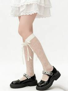 1/3 Pairs Summer Thin Versatile Crystal Bow Lolita Style Socks - Multicolor - View 4