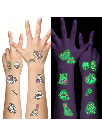 10 Sheets(100+ Pcs) Luminous Tattoos , Muti Styles For Choose Temporary Tattoos Stickers With Unicorn/Dinosaur/Outer Space , Fake Tattoo Stickers,Glow Party Supplies