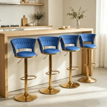 Lot de 6 Tabourets de Bar, Réglables en Hauteur, Surface en Velours, Siège Pivotant à 360°, Chaises de Cuisine Repose-Pieds, Plusieurs couleurs disponibles - Bleu, un ensemble de 6 - Voir 5