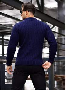 Men's Wool Knit Sweater With Round Neck And Braided Pattern - Autumn/Winter Fashion - Màu xanh hải quân - Xem 2