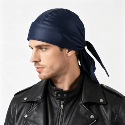 Men's Navy Blue Breathable Perforated Durag Headwrap, Quick Dry Pirate Bandana Hat, Lightweight Motorcycle Biker Head Scarf, Elastic Skull Cap For Cycling Sports