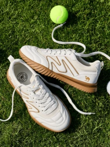 CAMEL CROWN Zapatos deportivos y casuales para hombres, malla transpirable para exteriores, estudiante que salta, zapatos para correr ligeros y con amortiguación de impactos - Blanco roto/albaricoque - Ver 6