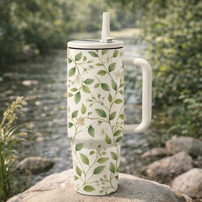 1 chiếc cốc giữ nhiệt bằng thép không gỉ 40oz họa tiết hoa lá xanh lá cây có tay cầm và ống hút, bình nước cách nhiệt dành cho nữ, cốc du lịch họa tiết thiên nhiên đẹp mắt, dung tích lớn chống rò rỉ, vừa với giá đỡ cốc trên ô tô, giữ lạnh 24 giờ, giữ nóng 12 giờ, quà tặng cho mẹ, vợ, bạn gái, chị gái, bạn bè