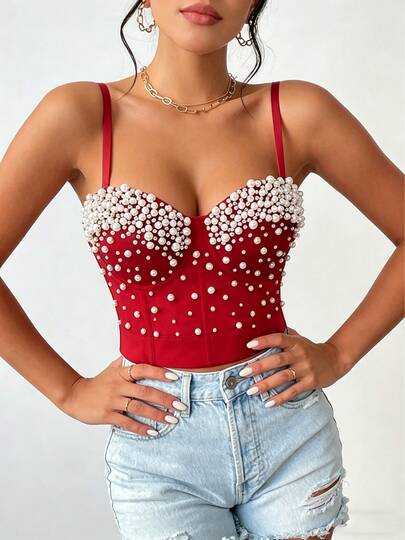Top corset/camisola versátil de uso exterior con modelo de explosión de perlas, hecho a mano, para fiestas, vacaciones y actuaciones en el escenario, para mujeres