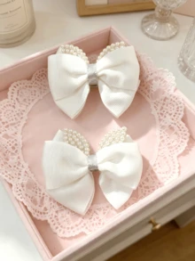 2pcs/Set Versatile Pearl Bow Hair Clips, Gentle Lady Style Headwear For Daily Commute - White - View 8