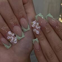 24Pcs Oval Press On Nails Spring Summer Fresh Light Green French Tip Floral Pattern With Gold Beads Decor Removable False Nails For Women - Light Green - View 7