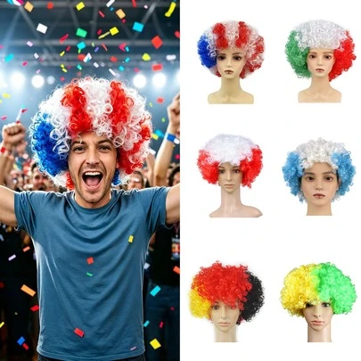 Tóc giả nhiều màu sắc dành cho người hâm mộ bóng đá World Cup 2026, phối màu quốc kỳ, unisex, lựa chọn hoàn hảo để xem các trận đấu World Cup, thoáng khí và dễ vệ sinh, được làm từ chất liệu sợi tổng hợp.
