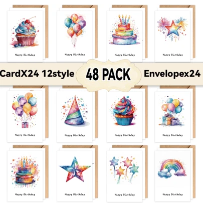 12/24pcs Watercolor Balloon And Birthday Cake Happy Birthday Card Set With Envelopes - Blank Note Cards For Family, Friends, Colleagues, Pastoral Theme, Solid Color, Perfect For Thanksgiving, Congratulations, Anniversary, Birthday, And Thank You Occasions, Paper Material, English Language, Birthday Party Decorations