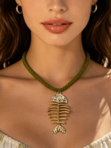Collar con colgante de pez pintado a mano para mujer | Estilo bohemio multicolor de océano, regalo de Pascua para fiesta de playa - forma de espina de pescado - Ver 15