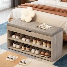 Eine Schuhbank mit Sitzgelegenheit, eine lang gestaffelte, gepolsterte Bank mit Stauraumfunktion, offene Regale, geeignet für Wohnzimmer, Schlafzimmer und Flure, platzsparend, einfach zu montieren, klassischer Wohnstil, 80*24*44Cm, Grau - Übersicht 7