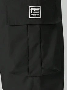Men's Letter Patch Multi-Pocket Drawstring Waist Loose Fit Cargo Pants, Black, Street Fashion - Black - View 5