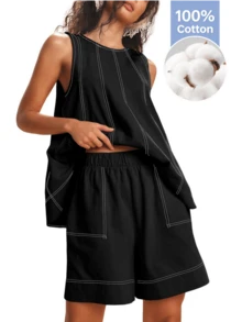 Women's 2pcs Sleeveless Matching Sets A Line Tank Tops Contrast Stitching High Waist Shorts With Pockets - Black - View 1