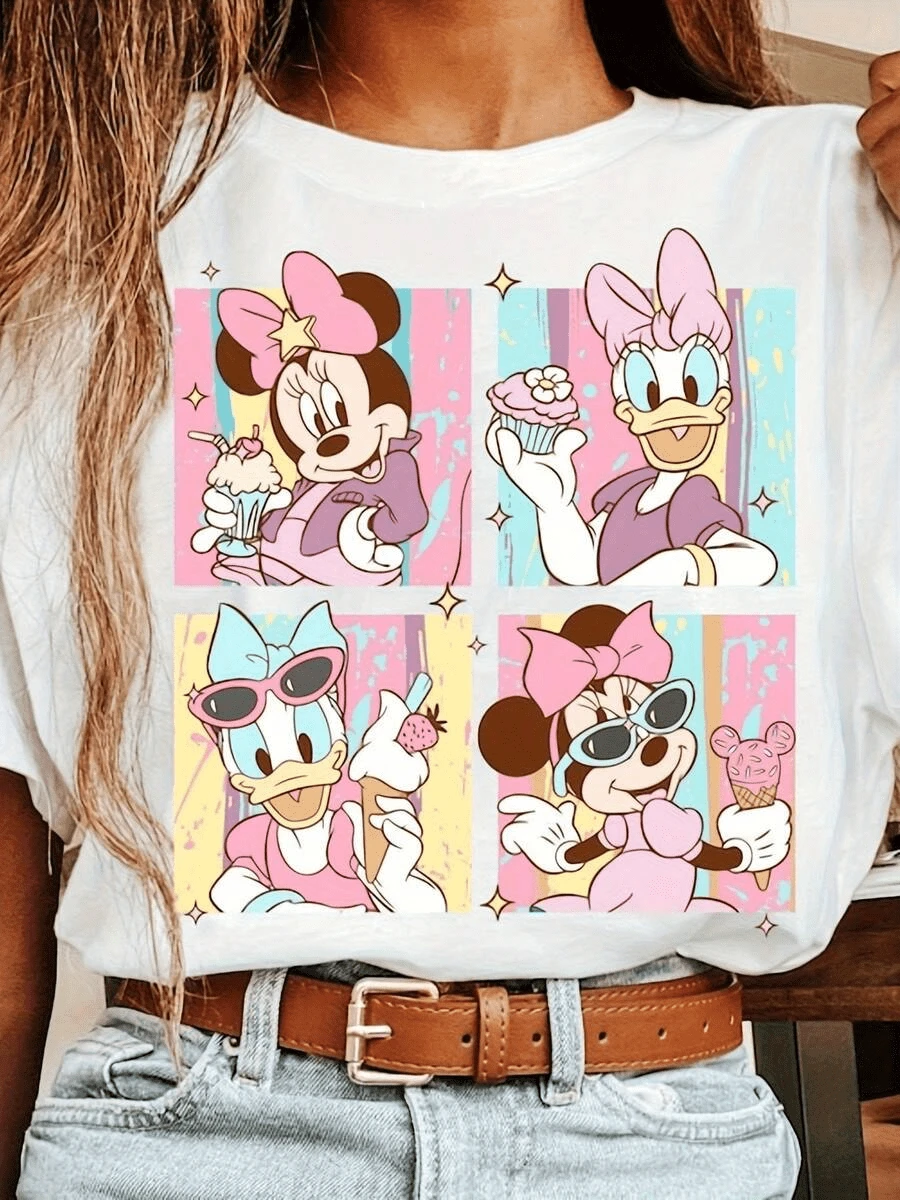 [Disney Official Authorization] Disney Minnie Mouse & Daisy Duck Cartoon Print White -Simple Casual Style Graphic 100% Pure Cotton T-Shirt - Soft & Comfortable Crew Neck Short Sleeve Tee, Streetwear Fashion Top For All Seasons, Casual Streetwear | Round Neck Tshirt - 白色 - 查看 1