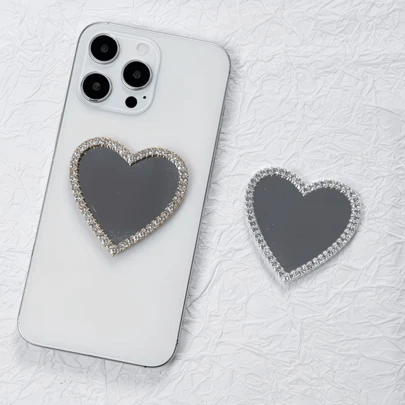 1 pieza de espejo de cristal con forma de corazón con brillo de diamantes de imitación y adhesivo posterior - Accesorio de funda para teléfono de moda