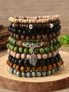 Bộ 10 vòng tay hạt gỗ phong cách Bohemian, hình rùa biển, dừa, ngọc lam, thích hợp cho nam giới đeo hàng ngày. - Nhiều màu - Xem 3