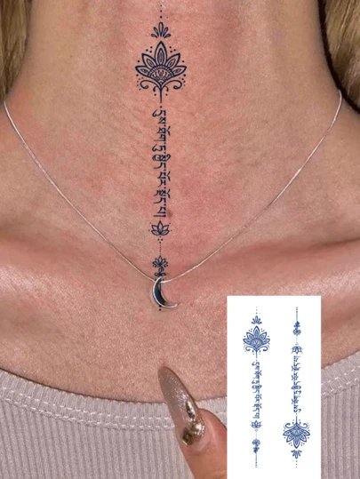 1片时尚彩色草本半永久纹身贴纸，独特蓝色梵文+花卉图案，防水防汗，男女通用，可持续7-14天，易于粘贴和去除，可遮盖疤痕