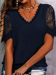 Plus Size Women's V-Neck Short Sleeve Lace Patchwork T-Shirt, Summer Casual - Navy Blue - View 3