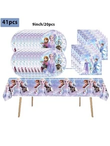 DOBBLE 41-Piece/Frozen Princess Themed Party Tableware Set, Disposable Birthday Party Tableware, Including 9-Inch Plates, Napkins, And Tablecloth. Suitable For Camping, Picnics, Backyard Barbecues, And Festive Party Scene Decorations. - Multicolor - View 7