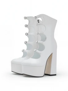 Fashion Womens Short Boots Round Toe Cut-Out Platform Chunky Heel Buckle Straps Ankle Boots Party Club Dressy Occasions Footwear - 白色 - 查看 2