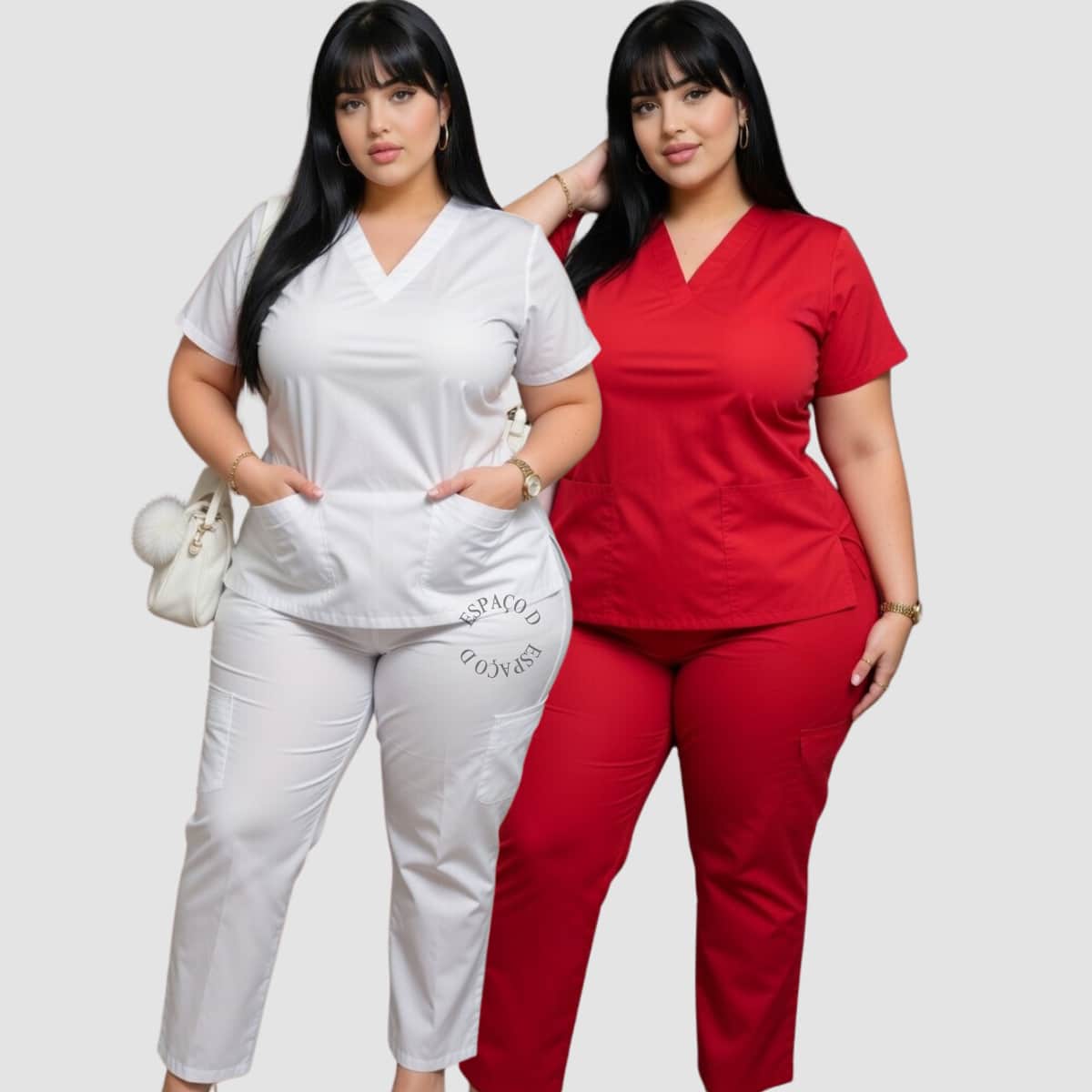 Conjunto Hospitalar Manga Curta Scrub Slim + Plus Size Secagem Rapida Oxford Alta Qualidade Privativo e Uniforme Enfermagem Acinturado 36-50 Hospitalar Veterinario e Clinicas - Vermelho e Branco - Visão 1