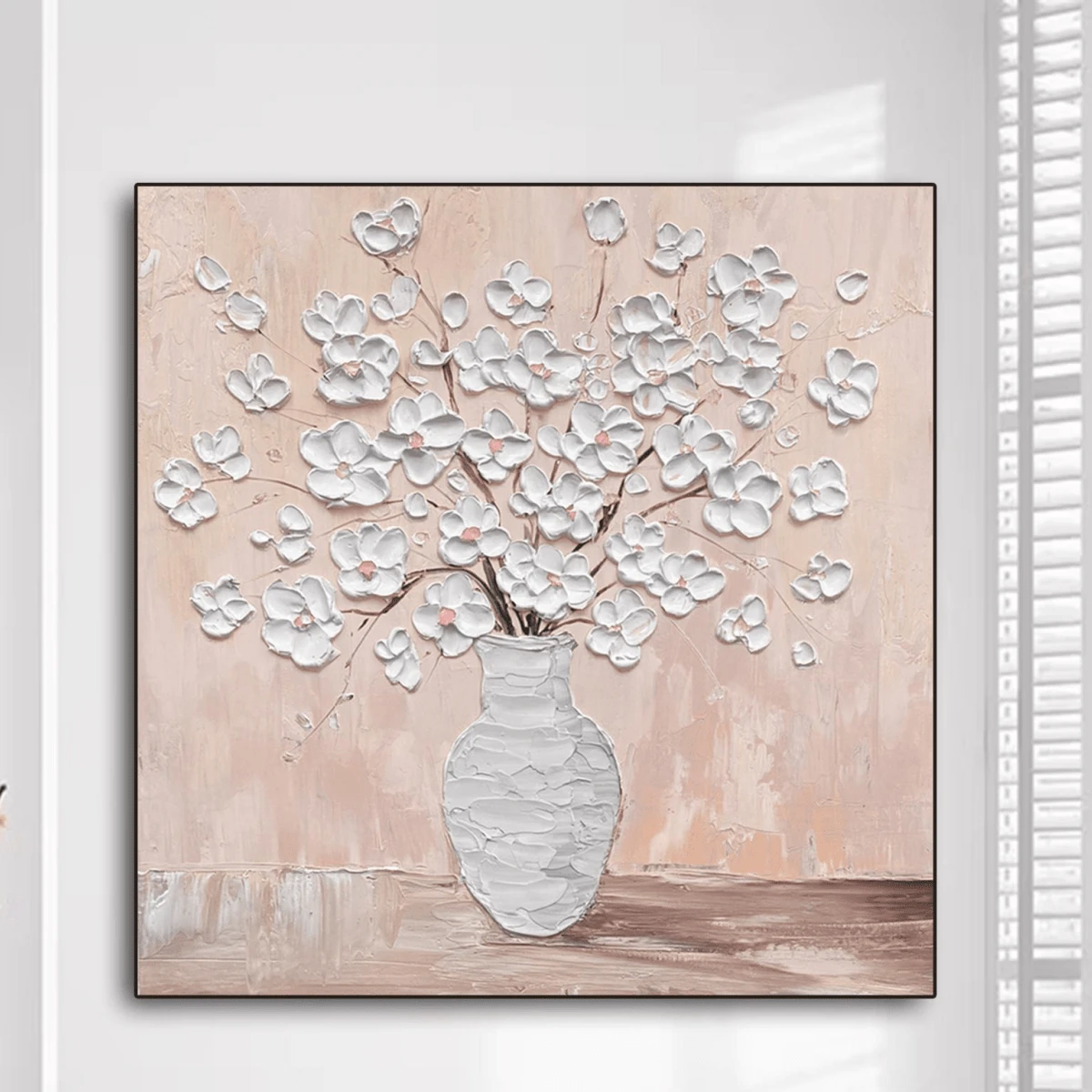 1pc Canvas Print, Floral Textured Wall Art, Modern Vase Canvas Painting Bouquet, White Canvas Painting, Unique Contemporary Dining Room Decor (Frame Optional) - A - View 1