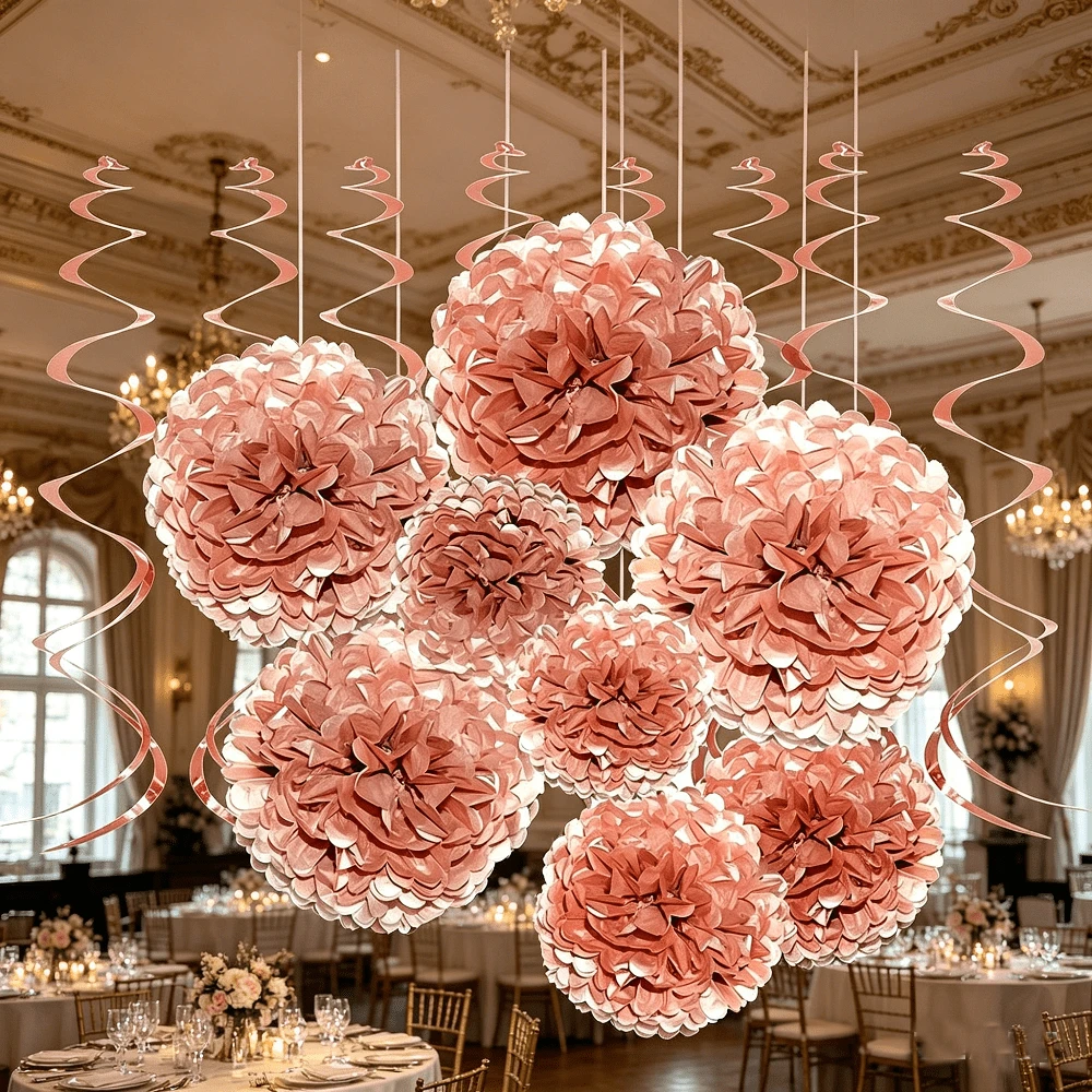 Rose Gold Single Ladies Party Hanging Decor - Wedding Party Aluminum Foil Swirl Paper Napkins, Pom Poms, Flower Bridal Shower Garland For Anniversary, Mother's Day, Birthday, Shower Party Decoration - A - View 1