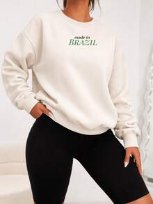 Moletom Careca Feminino Estampado Seleção Blusa De Frio Gola Canelada Inverno Brasil Brasa Brasuca Copa Algodão - Creme - Visão 2