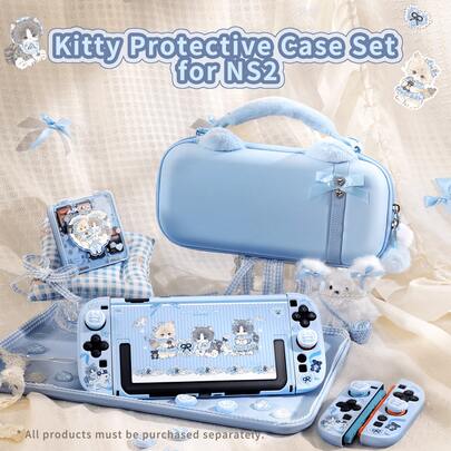 Bộ ốp bảo vệ hình mèo dễ thương cho Switch2 / Switch 2025 / NS2, ốp có thể tháo rời, vỏ PC mỏng dễ thương kèm 2 nắp cần điều khiển, túi đựng và hộp đựng thẻ game, miếng dán kính cường lực, phụ kiện game.