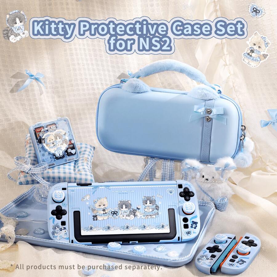 Bộ ốp bảo vệ hình mèo dễ thương cho Switch2 / Switch 2025 / NS2, ốp có thể tháo rời, vỏ PC mỏng dễ thương kèm 2 nắp cần điều khiển, túi đựng và hộp đựng thẻ game, miếng dán kính cường lực, phụ kiện game. - Xem 1