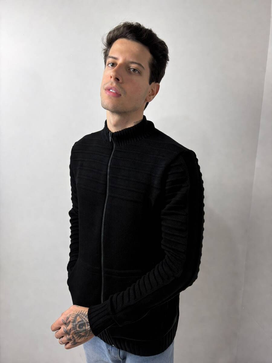 Men's Zippered Knit Jacket, Striped Sweater, Autumn/Winter, Regular Fit, Zipper, Daily Wear, For Going Out - 黑色 - 查看 1