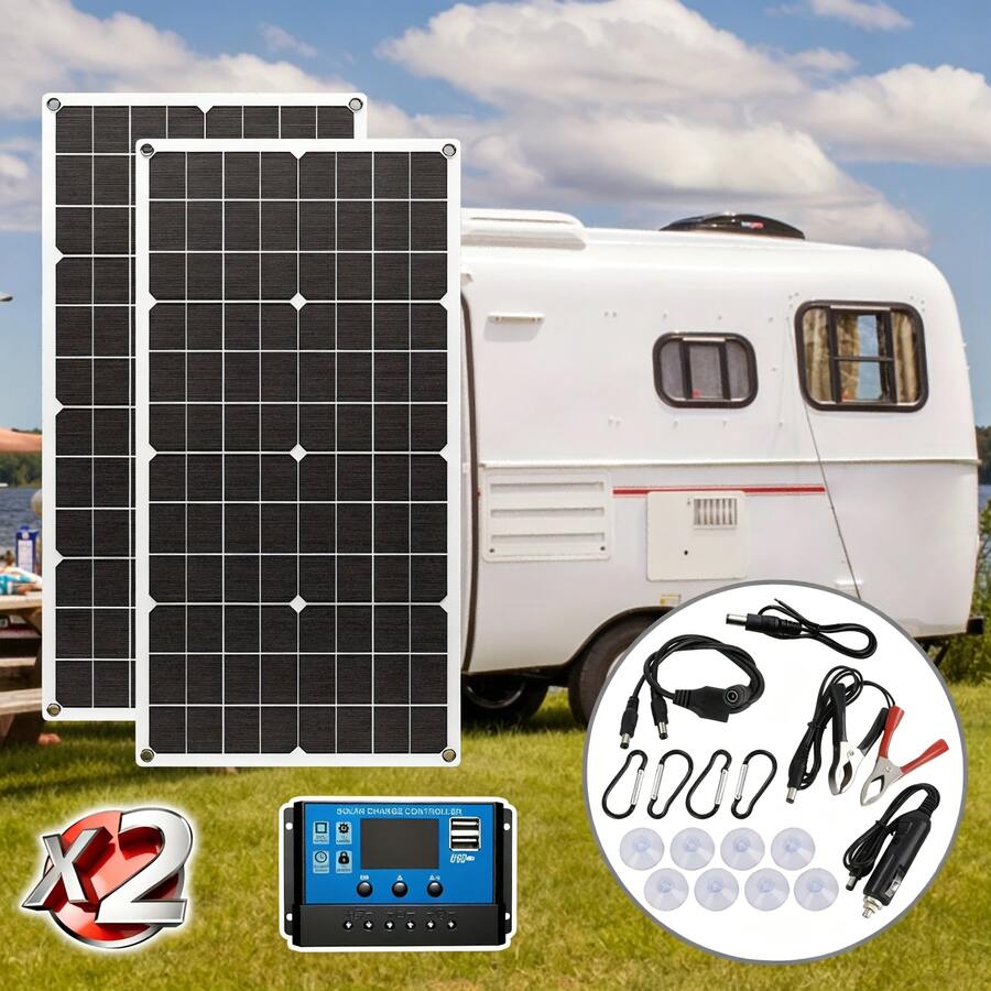 IAGREEA 25W Dual-Sided Portable Solar Panel, Suitable For RV/Camping, Supports 5V DC And USB Output, Optional 60A Controller, Can Charge Phones, Laptops, Power Banks During Daytime, 1pc/2pcs Available - Black - View 1