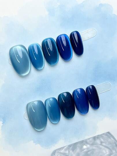 10pcs Handmade Wearable Nails, Deep Sea Blue Ombre Cat Eye Short Round False Nails, Whitening Versatile Daily Commute Nail Stickers, Removable Press-On Nail Stickers