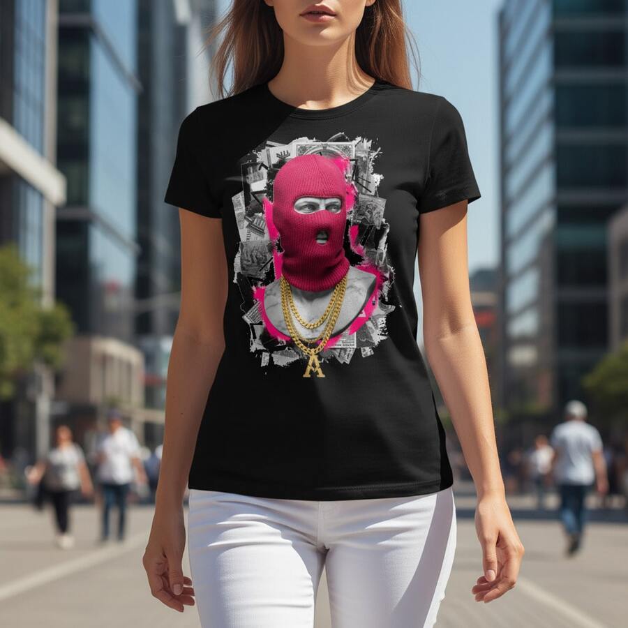 Rebel Renaissance Pink Balaclava Marble Bust Graphic Tee - Culture Clash Collection - Negro - Ver 1