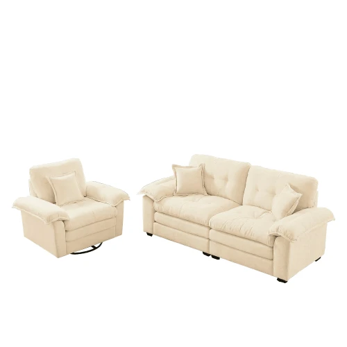 2-Piece Chenille Sofa Set: Single Sofa + Loveseat With Double-Layered Seat Cushions & Decorative Pillows, Low-Seat Sofa For Living Room, Apartment, Office Or Lounge