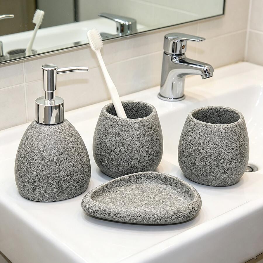 Premium Bathroom Accessory Set, Customizable Resin Bathroom Set, Hotel Bathroom Set, Model Room Decor, Soap Dispenser, Toothbrush Holder, Toothbrush Cup, Soap Dish, Free Combination - Imitation Granite - View 1
