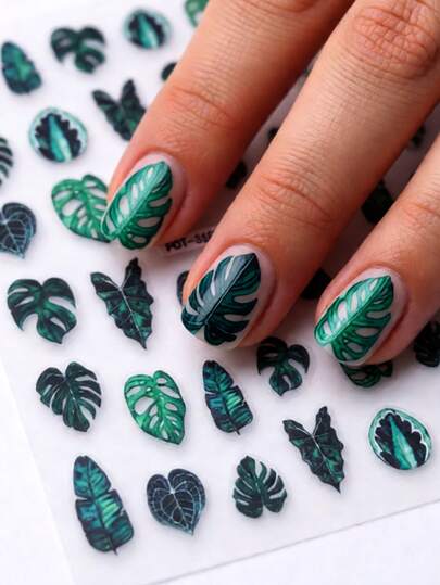 1pc Plant Leaf Nail Stickers, Self-Adhesive One-Time Embossed Nail Art Decals, Fresh Nail Decoration Stickers Suitable For Daily Commute, Vivid Pattern, Easy To Apply And Durable