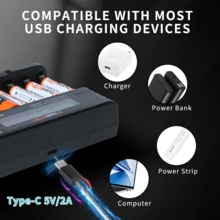 powerKAN ALL8 AA AAA 电池充电器，8 个插槽可同时为 1-8 节 AA AAA 电池充电，输出电流 500mA*1，USB-C 输入，带 LCD 显示屏，适用于 1.2V 镍氢/镍镉 AA AAA 可充电电池（含 USB-C 数据线） - 黑色 - 查看 5