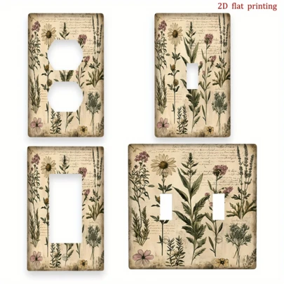 1pc Vintage Botanical Pattern Light Switch Plate Cover - Faux Leather Beige & Green Floral Outlet Cover With Herb Labels (Lavender, Chamomile, Mint) - Single Toggle Switch Wall Plate, Easy Installation For Home, Farmhouse Or Cabin Decor (2D Flat, No Wiring)