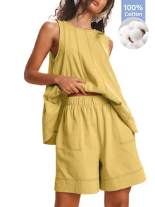 Women's 2 Piece Casual Matching Sets Sleeveless Tank Tops High Waist A Line Shorts Contrast Stitching With Pockets Summer Beach Outfit - Yellow - View 1