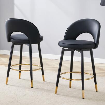 Ensemble de 2 tabourets de bar pivotants à 360°, design entièrement noir avec sièges rembourrés en PU, chaises de bar confortables et capitonnées, idéales pour les bars, restaurants, cuisines et plus encore.
