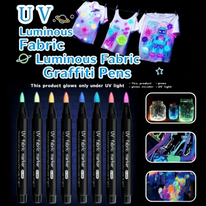 8 pièces de nouveaux stylos à encre UV, brillent sous lumière UV, stylos à pointe fine pour dessiner sur tissus, convient pour les t-shirts, textiles, sacs, chapeaux, artisanat DIY, convient pour les compétitions, les fêtes, Noël, Halloween pour briller sous lampe UV