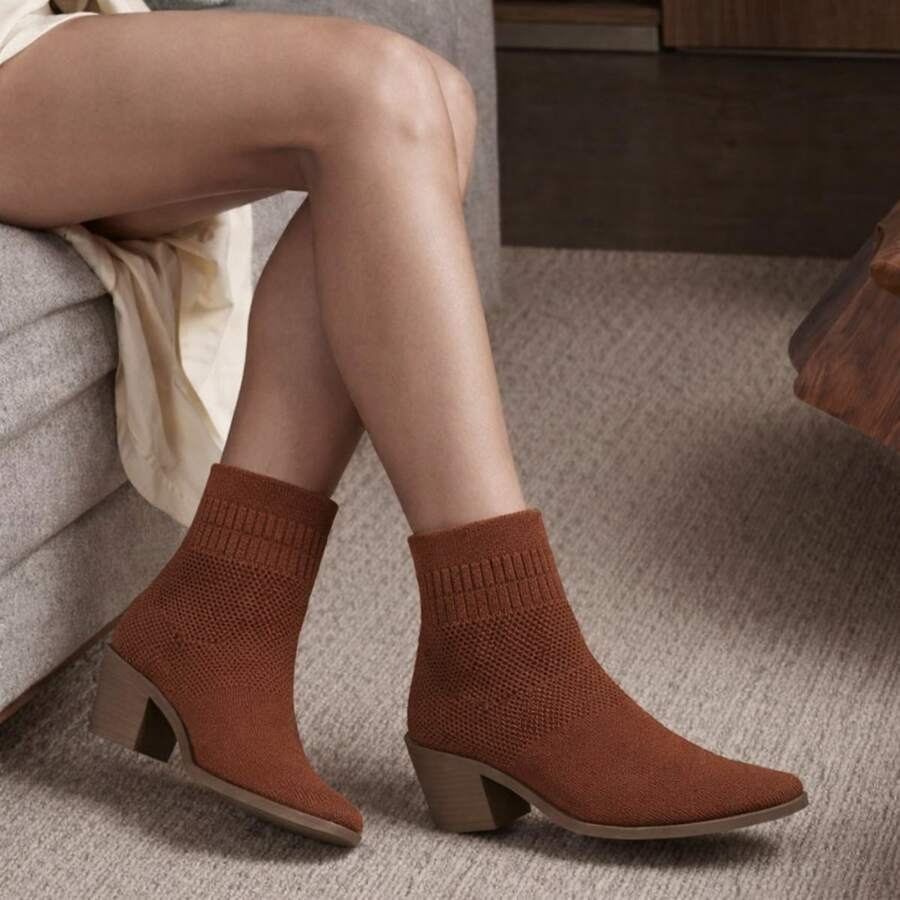 LAZZLU SHOES Women's Western Knit Texan Boot, Pointed Toe, Short Shaft, Low Chunky Heel - Camel - View 1