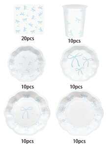 10pcs/20pcs/70pcs/120pcs Light Blue & White Bow Theme Birthday Party Decorations Paper Plates Paper Napkins Paper Cups Tableware Set, Bow Theme Supplies For Bachelor/Bachelorette Wedding Bridal Shower Decor, Suitable For Men And Women - Blue and White - View 7