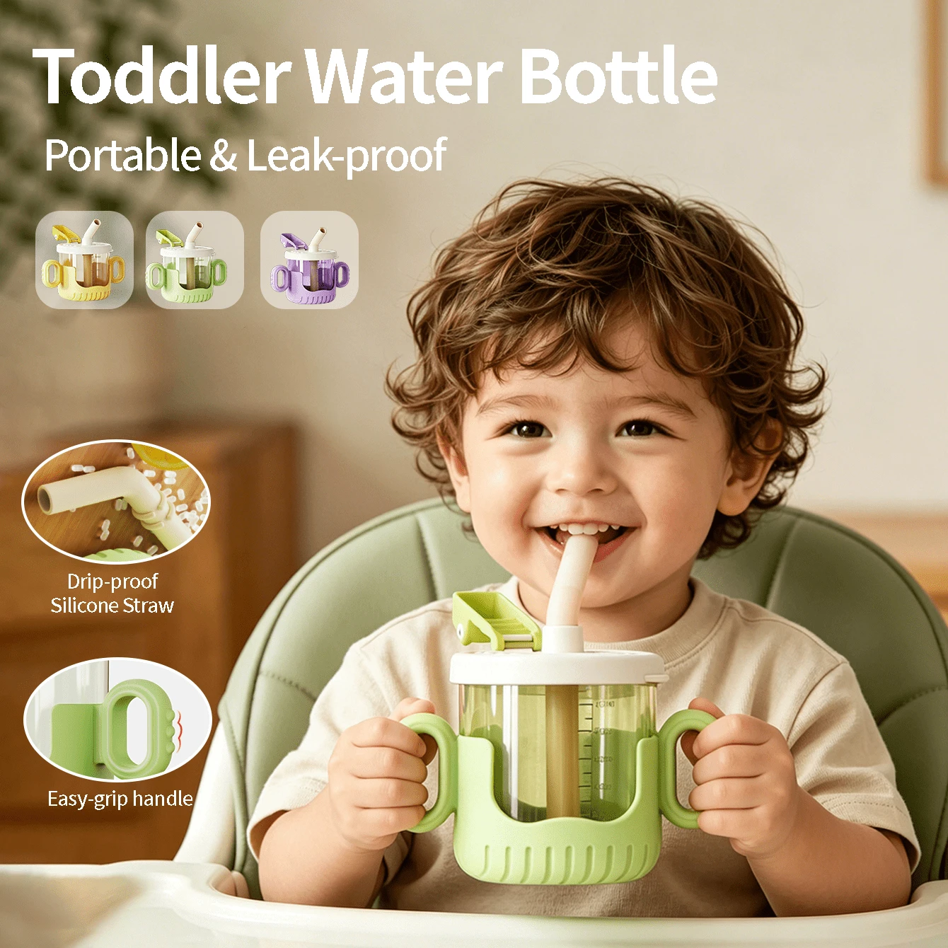 3-Color Baby Feeding Bottle | Weaning Cup For Babies 6M+ | Self-Feeding Training | 300ml Straw Cup With Scale Mark | Portable Dual-Handle Toddler Training Cup | Leakproof & Drop-Proof Sippy Cup |Ideal Gift For Back‑To‑School, Children's Day & Father's Day. - Multicolor - View 1