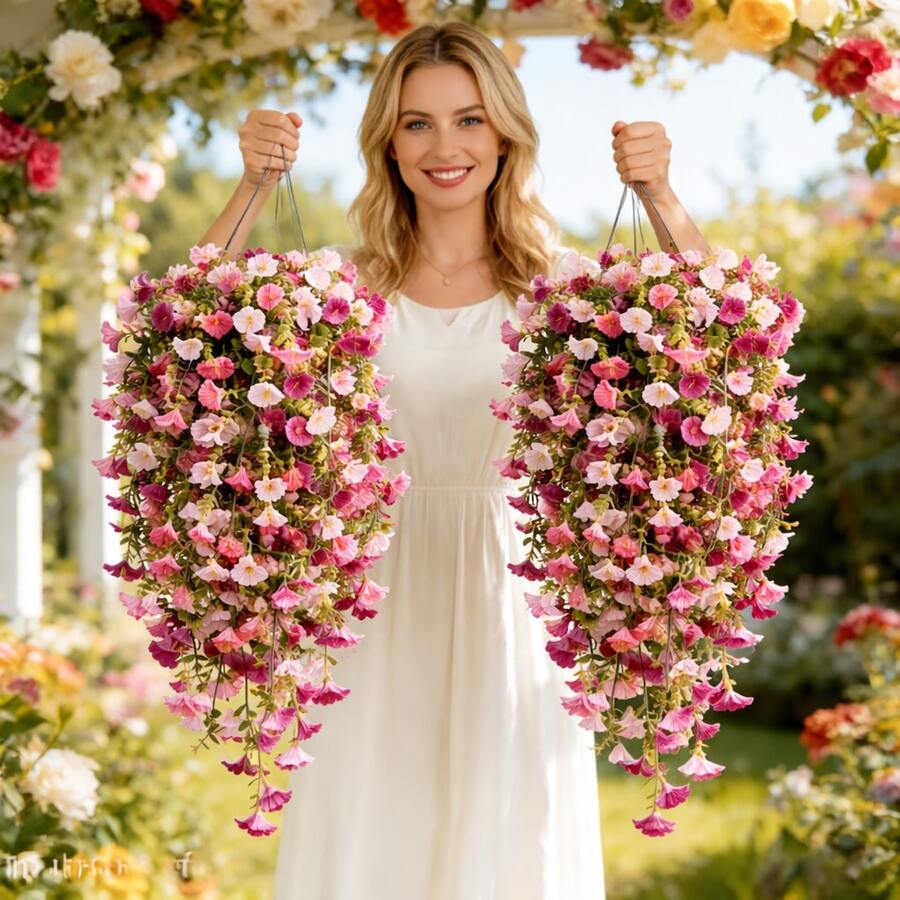 4件組人造牽牛花藤蔓 抗UV逼真花朵 長款假吊掛花環 粉色與深洋紅色 適用於室內外居家花園大門裝飾 適合婚禮情人節復活節母親節佈置 - 彩色 - 查看 1