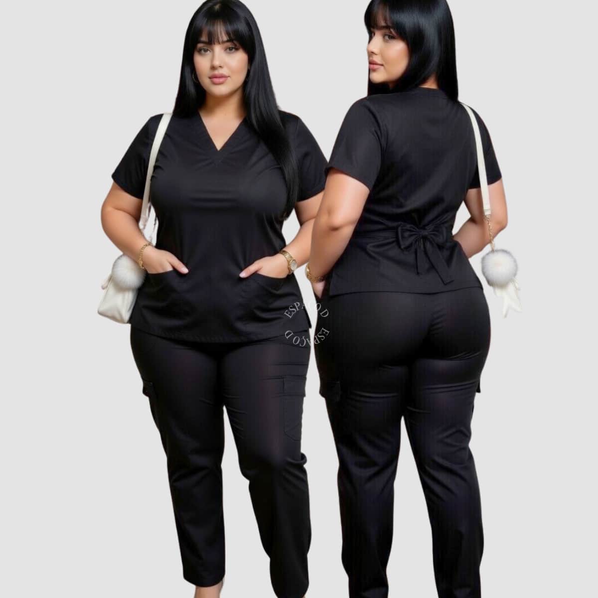 Women's Oxford Scrub Hospital Jogger Set Professional Work Casual Short Sleeve Veterinary Nurse Beautician With 2 Pockets Medical Uniform Surgical Scrub Pajamas Nursing Practice Shirt Lab Work Workwear Nursing Uniform Accented Plus Size Comfortable - 黑色 - 查看 1